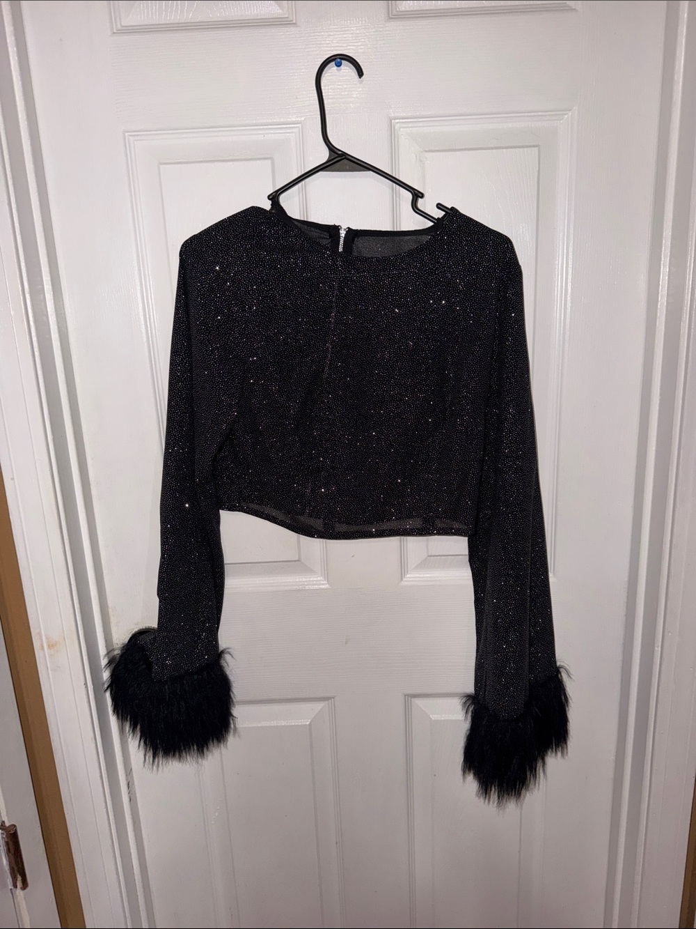 Cider Black Sparkle Crop Top with Faux Fur Cuffs